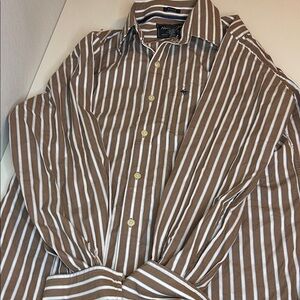 Abercrombie and Fitch Men's Tan and White Striped Button Down Shirt